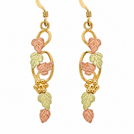 10K Black Hills Gold Dangle Earrings w Leaves