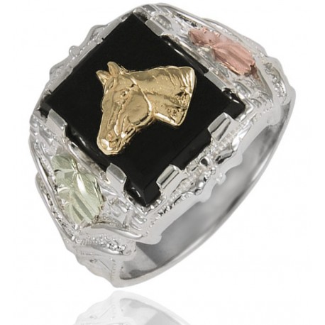 Black Hills Sterling Silver Men's Horse Ring with 12k Gold Leaves