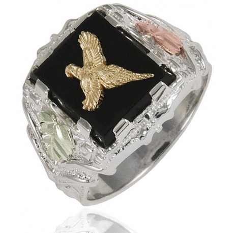 Black Hills Sterling Silver Men's Pheasant Ring with 12k Gold Leaves