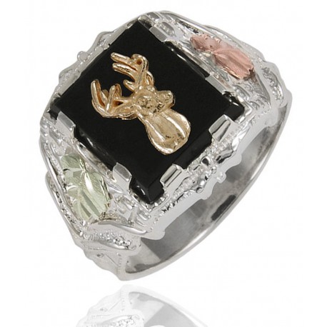 Black Hills Sterling Silver Men's Deer Ring with 12k Gold Leaves