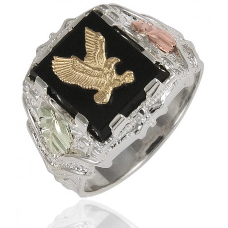 Black Hills Sterling Silver Men's Eagle Ring with 12k Gold Leaves