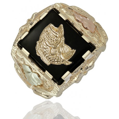 Black Hills Gold Mens 10K Gold Fish Ring with Onyx