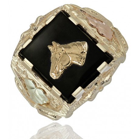 Black Hills Gold Mens 10K Gold Horse Ring with Onyx