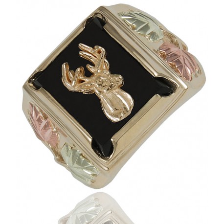 Black Hills Gold Mens 10K Gold Deer Ring with Onyx