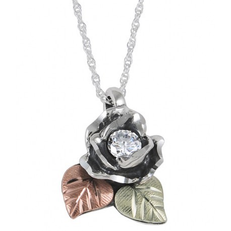 Black Hills Gold Ladies .925 Oxidized Silver White Cubic Zirconia Rose Necklace