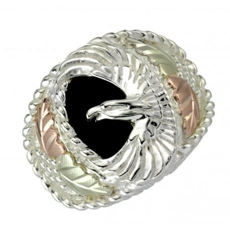 Black Hills Sterling Silver Men's Eagle Ring with 12k Gold Leaves