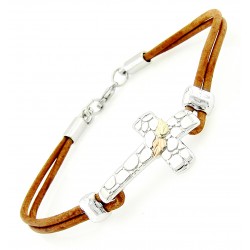 Black Hills Gold on Sterling Silver Cross Leather Bracelet