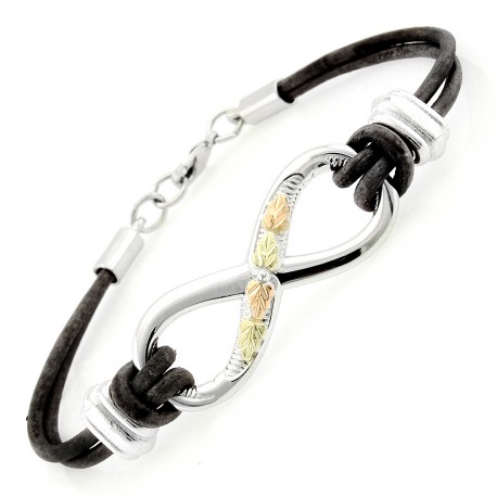 Black Hills Gold Sterling Silver Infinity Leather Bracelet