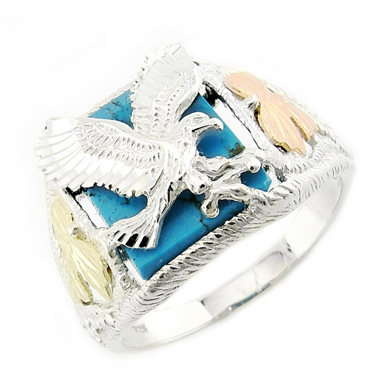Mens Black Hills Gold Sterling Silver Eagle Ring with Turquoise Size 11