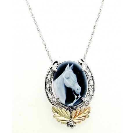 BLACK HILLS GOLD STERLING SILVER HORSE HEAD and HORSESHOE CAMEO NECKLACE PENDANT