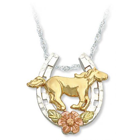 Black Hills Gold Sterling Silver Horse Shoe Horse Pendant Necklace
