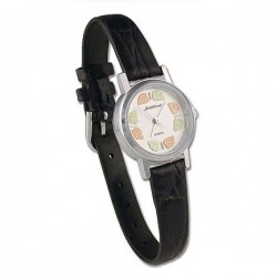 Landstrom's® Women's Silver Watch with Leather Band and 12K Black Hills Gold Leaves