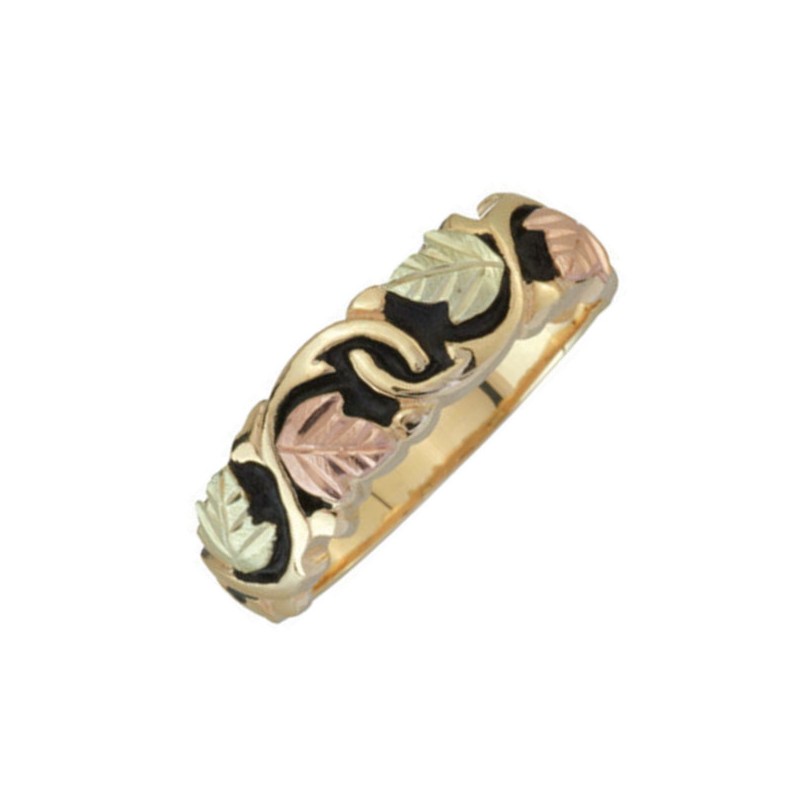 10k Black Hills Gold Mens Antiqued Wedding Ring With 12K Leaves ...