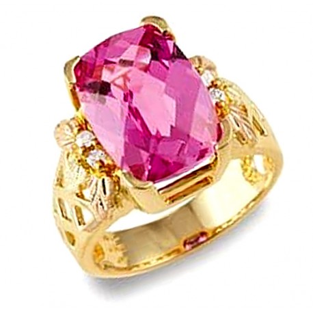 Stunning Tri-color 10K Black Hills Gold Lab-Created Pink Sapphire & Diamond Ring