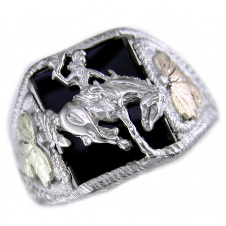 Mens Black Hills Gold on Sterling Silver Onyx Ring w/ Bronc Rider