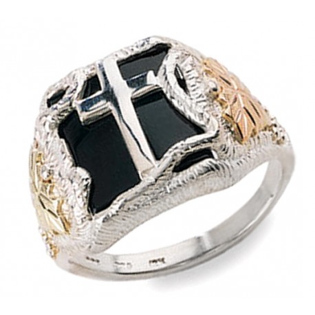 Mens Black Hills Gold on Sterling Silver Cross Ring with Onyx