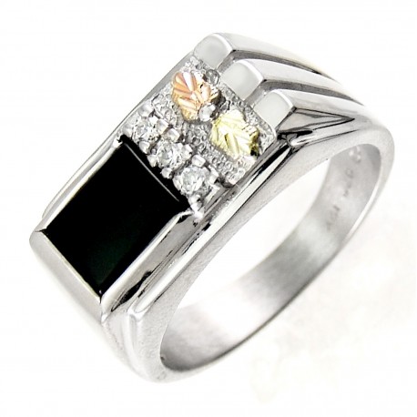 Black Hills Gold on Mens Sterling Silver Onyx Ring w CZ