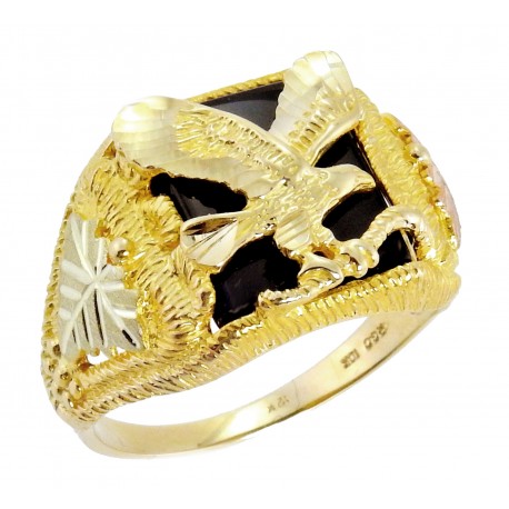 Tri-color 10K Black Hills Gold Men's Eagle Ring w/ Onyx by Mt. Rushmore