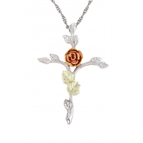 Black Hills Gold on Sterling Silver Rose Cross Pendant Necklace by Mt Rushmore