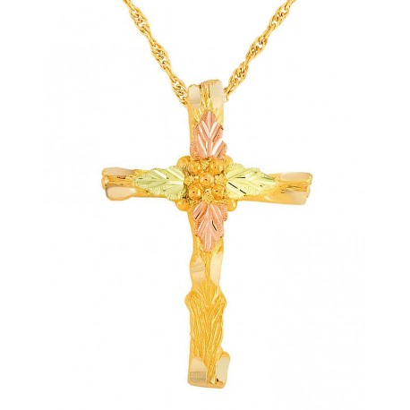 Mt Rushmore Tri-color 10K Black Hills Gold Cross Pendant - Necklace