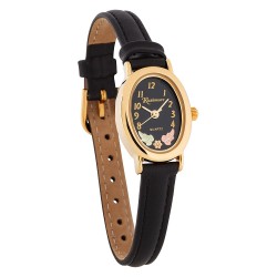 Landstrom's® Ladies Black Face Watch with Leather Band and 12K Gold Leaves