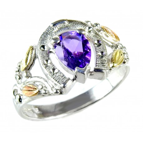 Black Hills Sterling and 12K Horseshoe Ring with Amethyst
