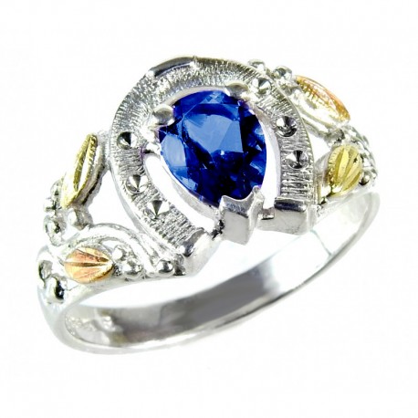 Landstrom's® Black Hills Gold on Silver Horseshoe Ring with Lab-Created Blue Spinel