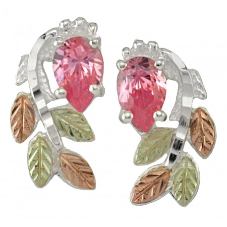 Black Hills Gold on Sterling Silver Post Earrings w/ Pink Ice CZ