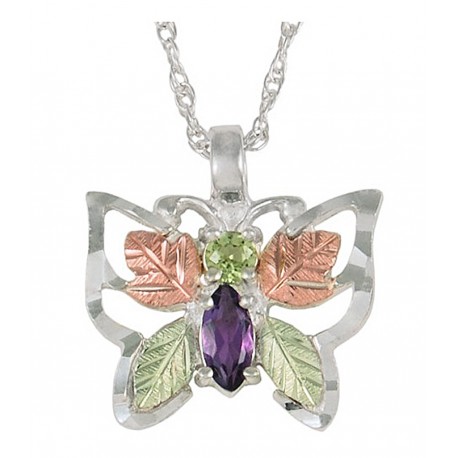BLACK HILLS GOLD .925 STERLING SILVER PERIDOT AMETHYST BUTTERFLY PENDANT NECKLACE