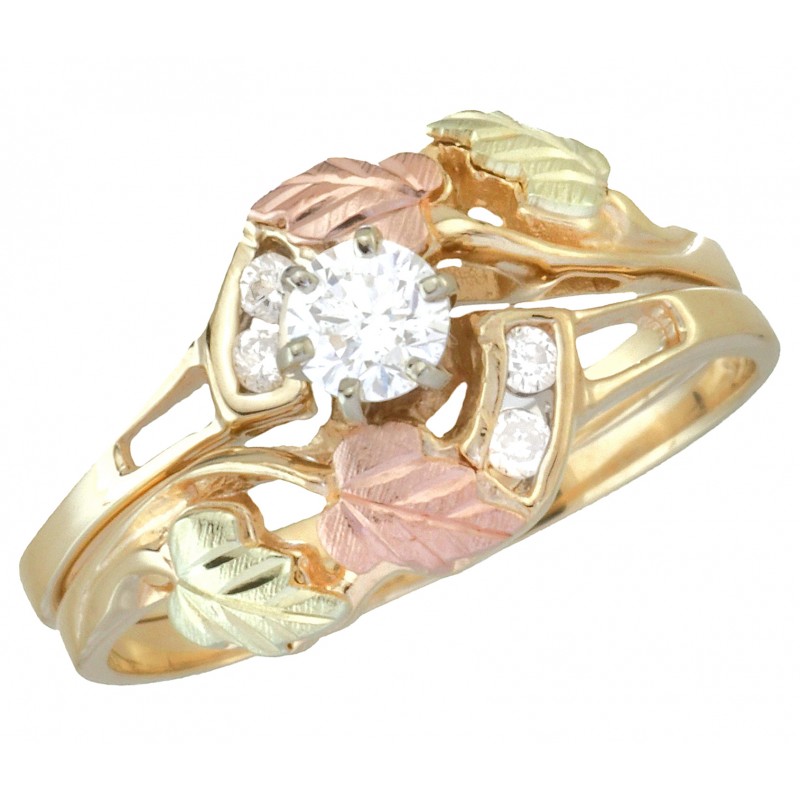 Tri-tone Black Hills Gold Diamond Engagement Wedding Ring Set