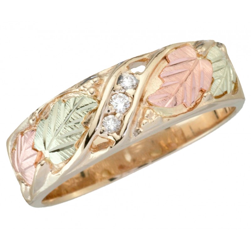 Tricolor Black Hills Gold and Diamond Ladies Wedding Ring