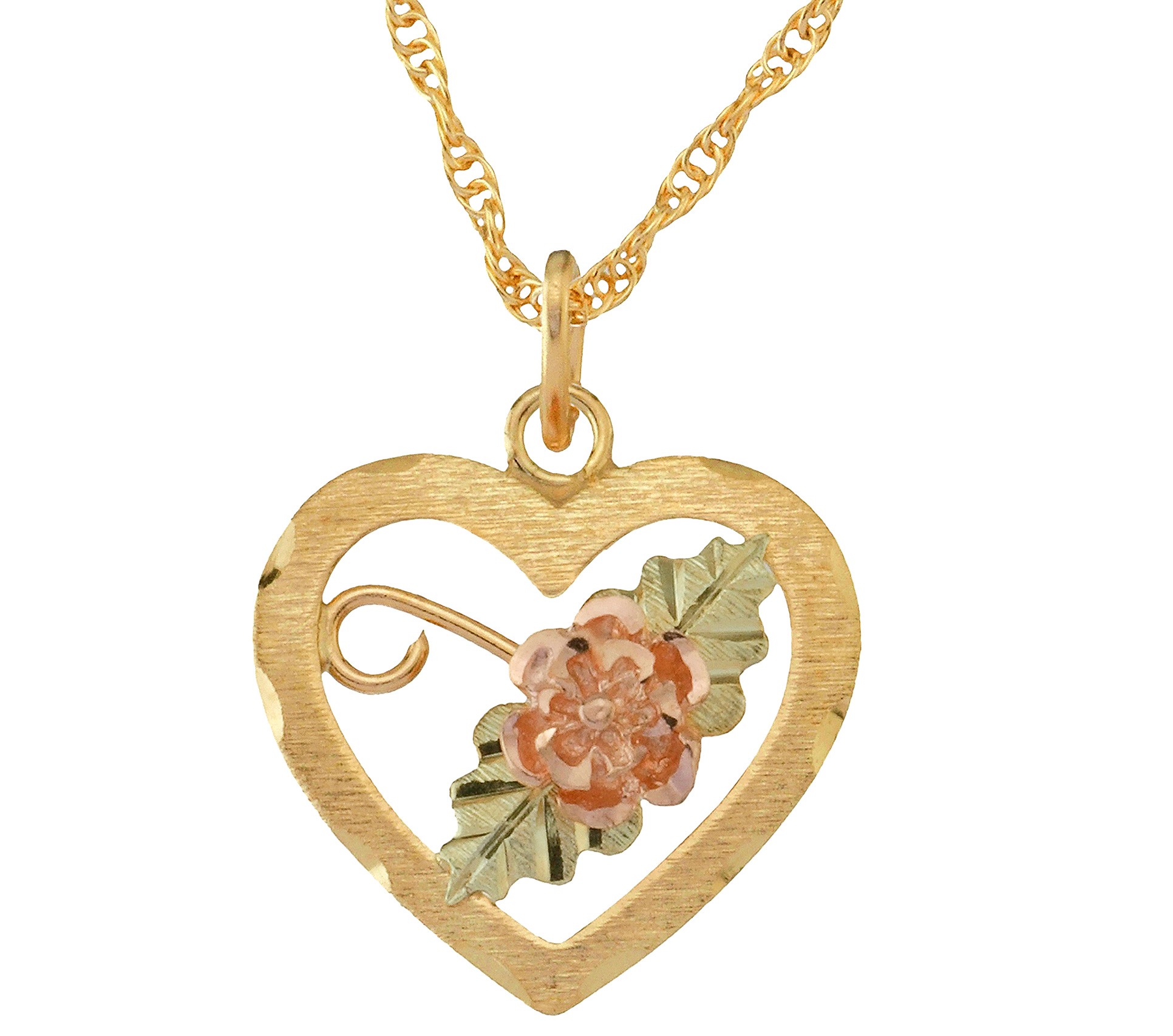 Black Hills Gold 10K Yellow Gold Open Heart Pendant with a 12K Rose  Supported by 12K Green Leaves | Wall Drug Store