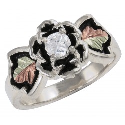 Black Hills Gold Antiqued Sterling Silver Rose Ring With Cubic Zirconia 