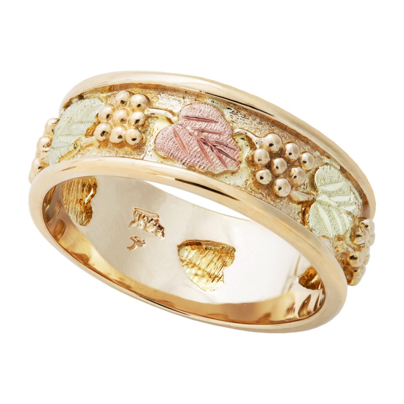14K Tri-color Black Hills Gold Wedding Ring with 12K Leaves