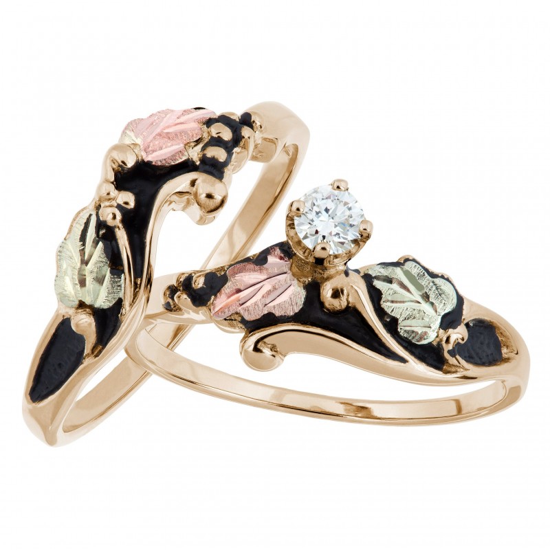 Antiqued Black Hills Gold Diamond Engagement Wedding Ring Set