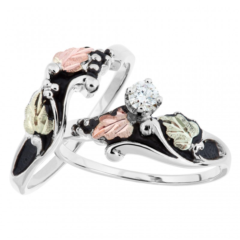 Antiqued Black Hills White Gold Diamond Engagement Wedding Ring Set - BlackHillsGold.Direct - Klugex