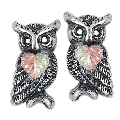 Black Hills Gold on Sterling Silver Oxidized Owl Earrings