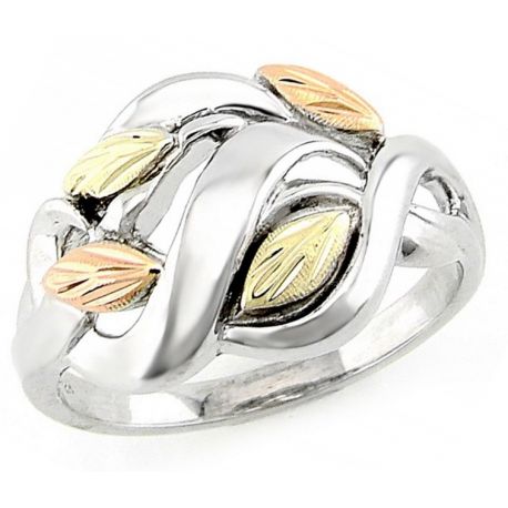 Stiylish Tri-Color Black Hills Gold on Sterling Silver Leaf Ring