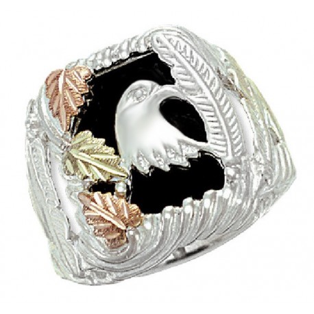 Black Hills Sterling Silver Men's Eagle Ring with 12k Gold Leaves