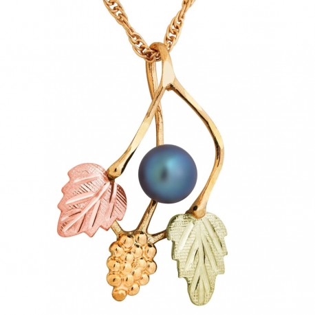 10K Black Hills Gold Leaf & Grape Pendant with Black Pearl