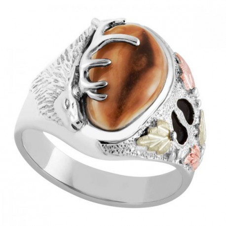 Black Hills Gold on Sterling Silver Men's Elk Ring with Elk Ivory
