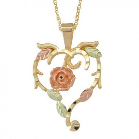 10K BLACK HILLS GOLD HEART ROSE FLOWER PENDANT NECKLACE