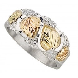 Black Hills Gold on Sterling Silver Men's Wedding Ring w 12k Gold Leaves