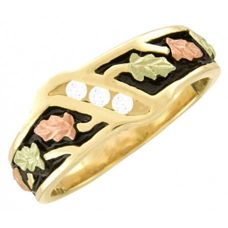 10K Black Hills Gold Ladies Wedding Band Ring with Three Diamonds