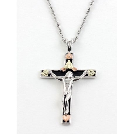 Black Hills Gold on Sterling Silver Crucifix Pendant Antiqued