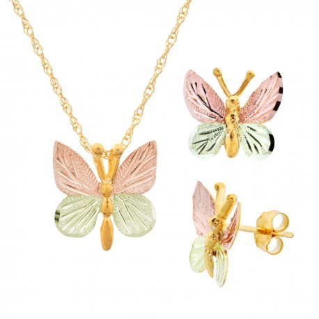 10K Black Hills Gold Butterfly Pendant and Earrings Set