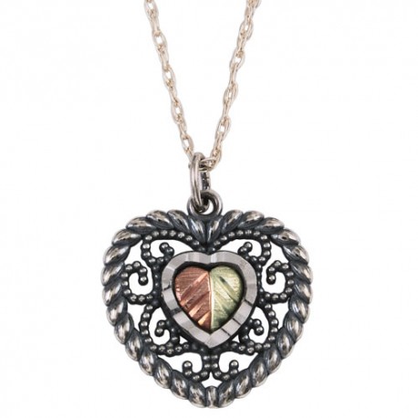BLACK HILLS GOLD .925 OXIDIZED STERLING SILVER HEART PENDANT NECKLACE