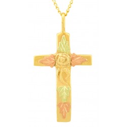 10K Black Hills Gold Cross Pendant with Rose and Leaves