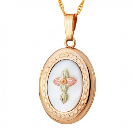 Black Hills Gold Mother of Pearl Locket with 12K Gold Cross 