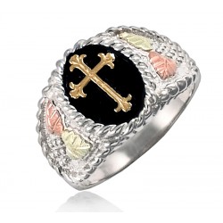 Black Hills Sterling Silver Men's Religious Cross Ring with 12k Gold Leaves